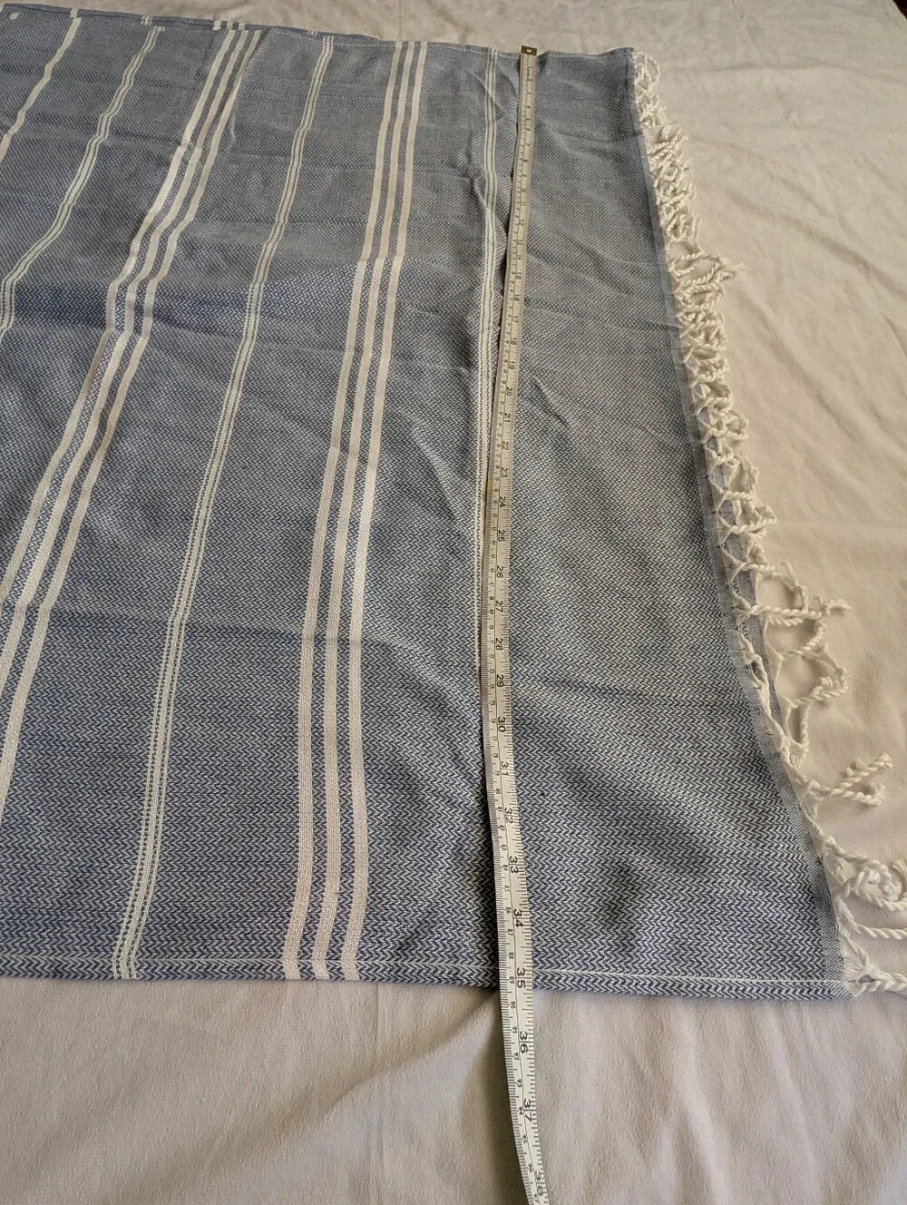Cotton Turkish Towel Peshtemal Hammam Bath Beach Blue White Striped Fringe NWOT